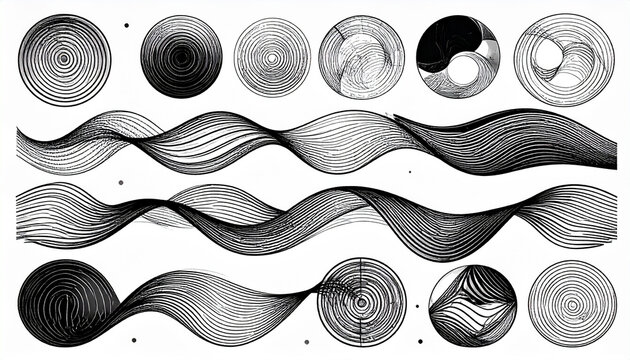 Abstract Black and White Graphic Elements Set Featuring Concentric Circles and Flowing Wavy Lines