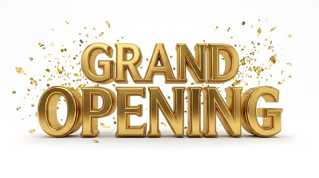Golden grand opening text with confetti celebrating a new business launch