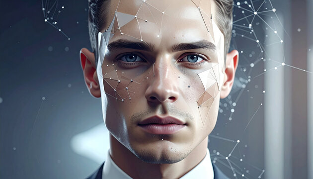 Futuristic Portrait of a Professional Man with Biometric Facial Recognition and AI Digital Overlay