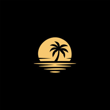 Minimal tropical palm tree and sunset logo with ocean reflection, ideal for beach resorts, travel brands, villas, hotels, and summer lifestyle businesses.