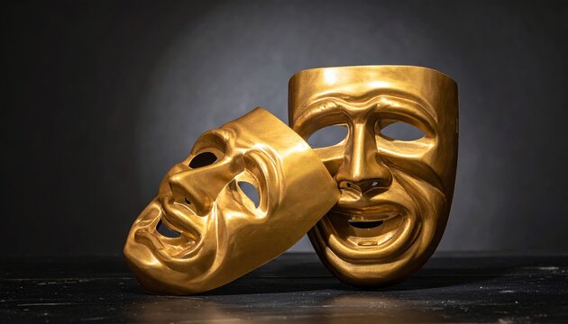 Golden theater masks for comedy and tragedy under spotlight on dramatic dark stage