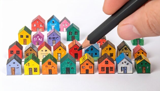 Hand drawing colorful tiny houses representing neighborhoods and community settlements