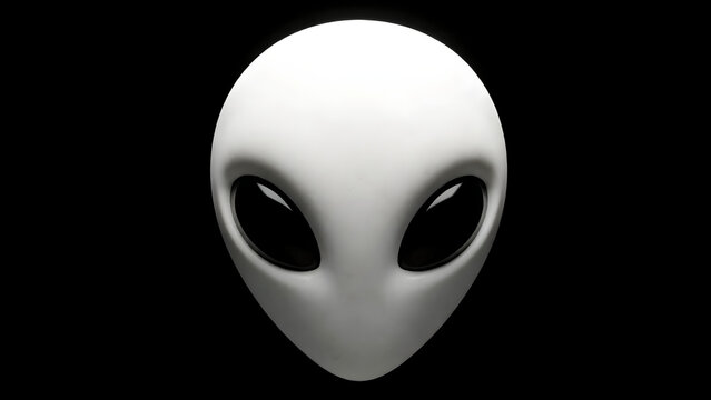 A minimalist 3D render of a white alien head isolated on a black background.