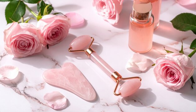 Rose quartz facial roller and gua sha tool with skincare products, luxury wellness routine