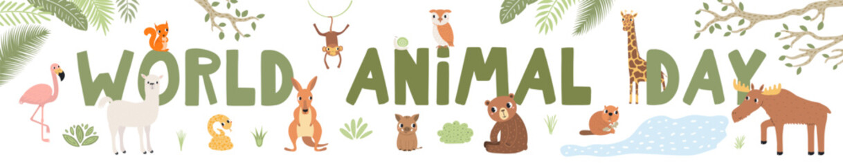 Fototapeta premium Cute wild animals World Animal Day design with text, plants. Tropical and woodland wildlife. Kawaii cartoon characters. Hand drawn flat vector illustration, design element for environment protection