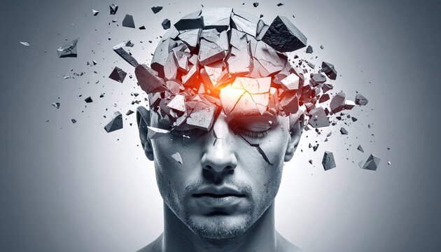 Human head cracking and fracturing, visual metaphor for severe stress, anxiety and mental exhaustion