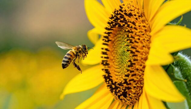 Cute bee approaching vibrant sunflower in colorful summer meadow, pollination and biodiversity