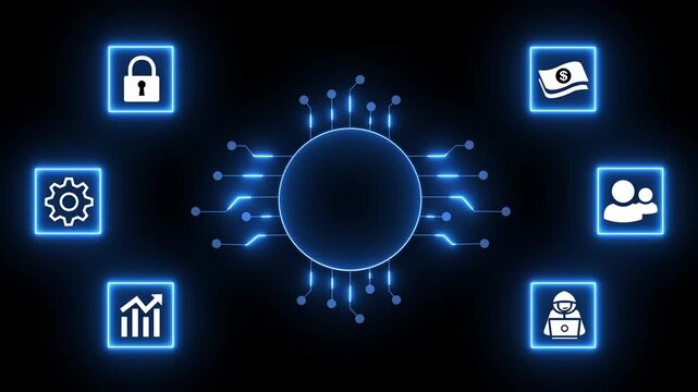 Neon Blue Technology HUD Circuit Board With Security Data Icons On Black Background