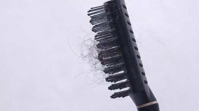 Hair loss and baldness concept with human hair on black comb against white background in slow motion cinematic clip