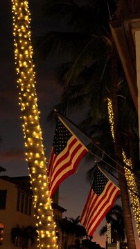 American flags and Christmas lights on palm trees at night
