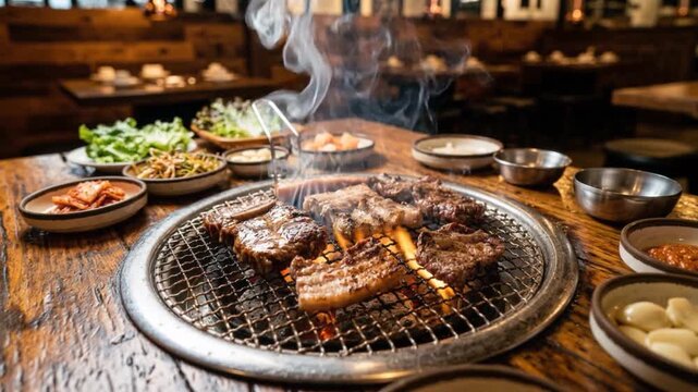 Korean barbecue meat grilling over a tabletop charcoal grill with rising smoke, surrounded by traditional side dishes in a warm authentic restaurant setting.