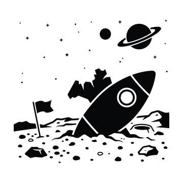 Black and white space exploration illustration with rocket ship landing on planet surface with flag and stars