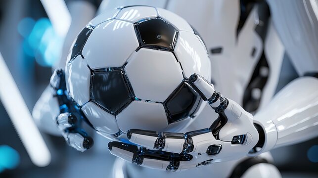 Futuristic robotic hand gently holds a classic black and white soccer ball, representing technology meets sport