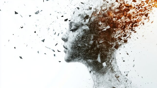 Abstract female face dissolving into scattered particles, portraying emotional fragility, representing introspection, artistic concept