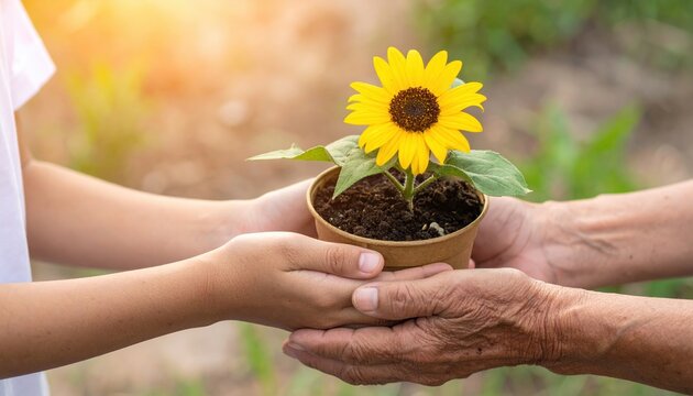 Senior hands gifting potted sunflower to child, care hope and generational legacy