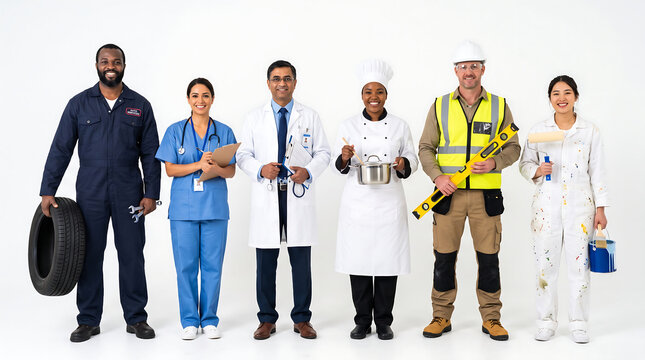 Diverse group of professionals standing in a row wearing industry specific uniforms