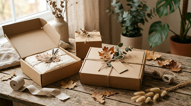 Sustainable gift packaging using cardboard boxes tied with twine and decorated with dried autumn leaves and eucalyptus on rustic wooden workbench.
