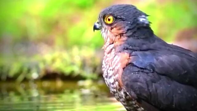 Eurasian sparrowhawk perched near a pond in a natural forest environment