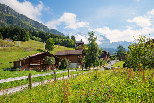 wooden chalets Wengen village, tourist destination bernese oberland. swiss alps