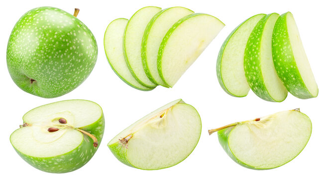 Ripe green apple and apple slices on white background. File contains clipping paths.