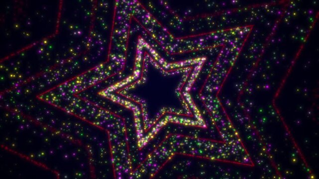 Abstract Star Shaped Tunnel Loop Animated Background Featuring Colorful Glowing Glitter Particles Shimmering Neon Light Paths And Sparkling Dots Creating Festive Retro Futuristic VJ Visuals For Celebr