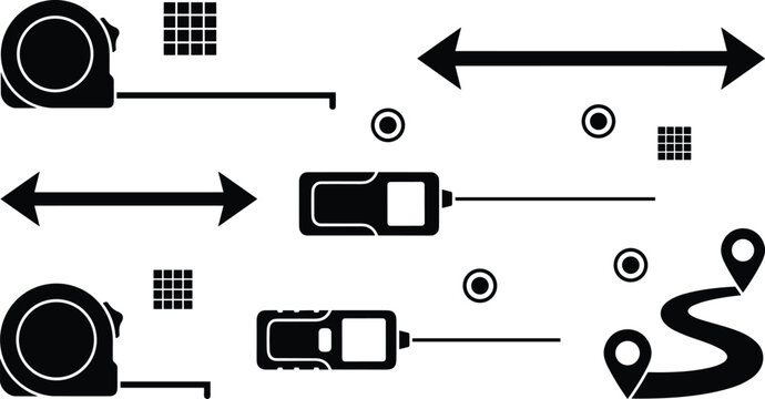 Distance measurement and navigation route icon set featuring tape measures laser distance meters arrows and map pins