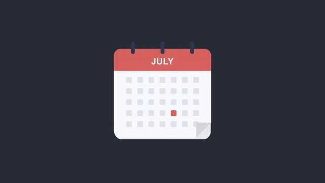 July Minimal Calendar Animation - Clean 2D Motion Graphics Monthly Planner Overlay 4K