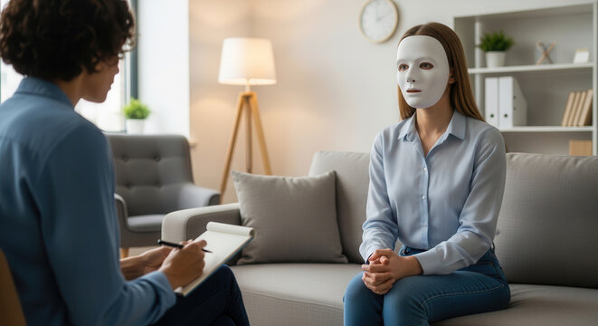 A professional psychologist sitting with a female patient wearing a white mask during a therapy session in a modern, bright office, exploring psychological trauma, emotional detachment, and mental.