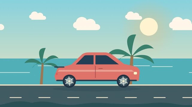 Red car driving along tropical coastal road animation