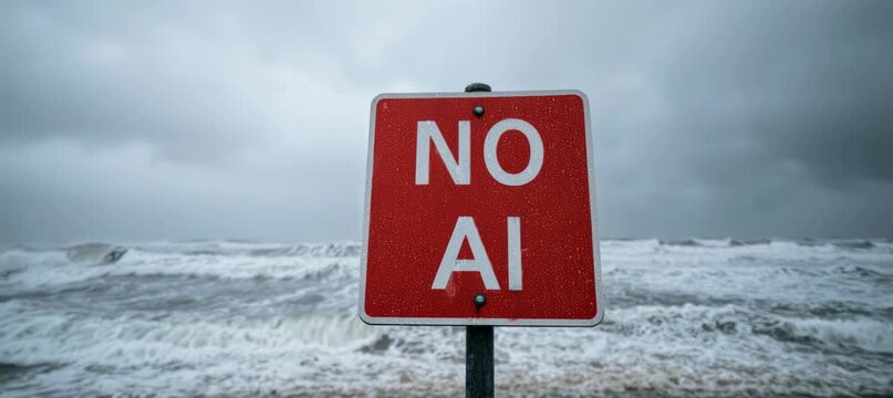 "NO AI" word sign with harsh ocean wave background. Machine automation ban restriction warning. Generative video AI technology.