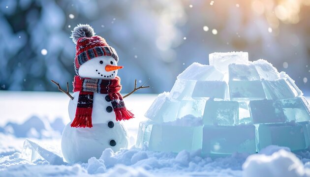 Snowman wearing winter hat and scarf building an igloo from geometric ice blocks, snowy holiday scene