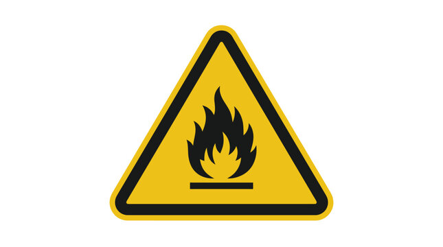 Flammable warning sign vector illustration featuring a bright yellow triangle with black flame hazard symbol