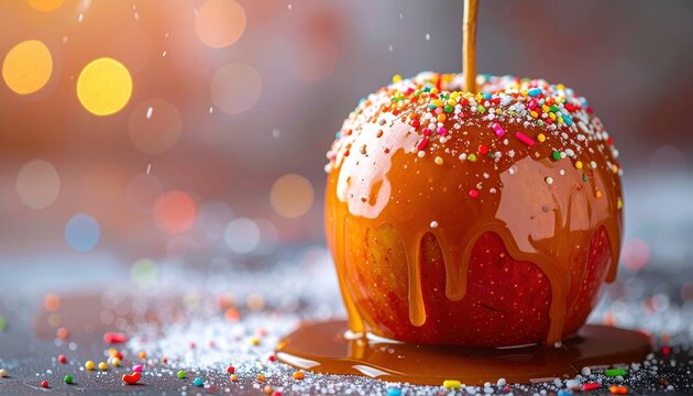 Caramel apple dripping with sugar and colorful sprinkles, indulgent dessert concept
