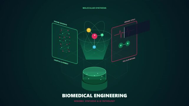A high-tech digital infographic illustration depicting advanced biomedical engineering concepts featuring molecular synthesis and DNA sequencing data