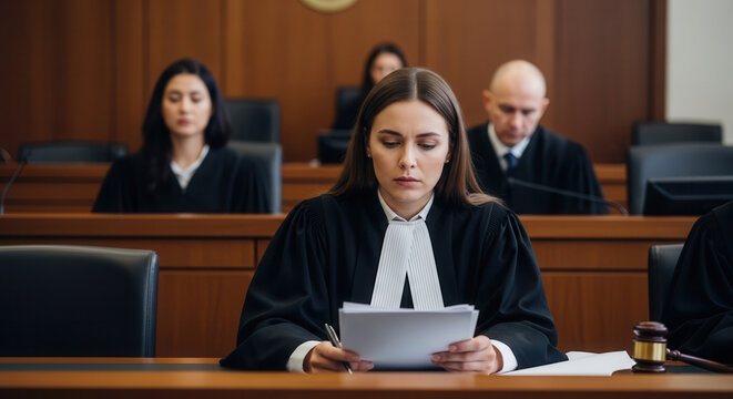 A stern female judge in a black robe and white neckband sitting in a courtroom, reading legal documents with focused attention, while other judges deliberate in the background during a trial session.