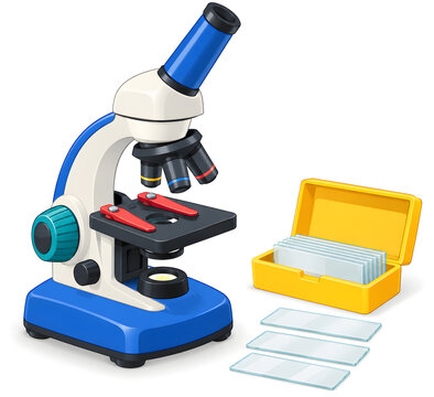 A student microscope with a coloured stage clip and prepared slide kit, isolated on white