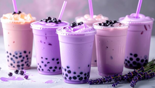 Refreshing purple drinks including lavender latte taro milkshake and bubble tea