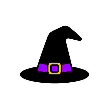 Classic black witch hat with purple ribbon band and yellow buckle vector graphic illustration Sticker