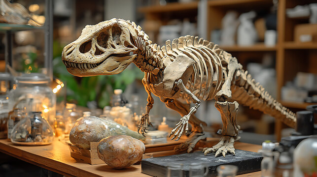 Clean lab table with tiny dinosaur skeleton beside living baby specimen 
