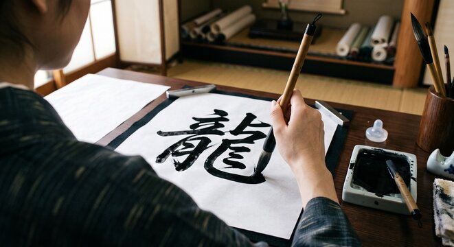 First-person POV of Japanese Calligraphy Master Writing 'Ryu' Dragon Kanji