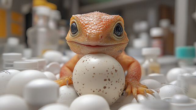 Baby dinosaur hatching from synthetic egg on white sterile lab platform 