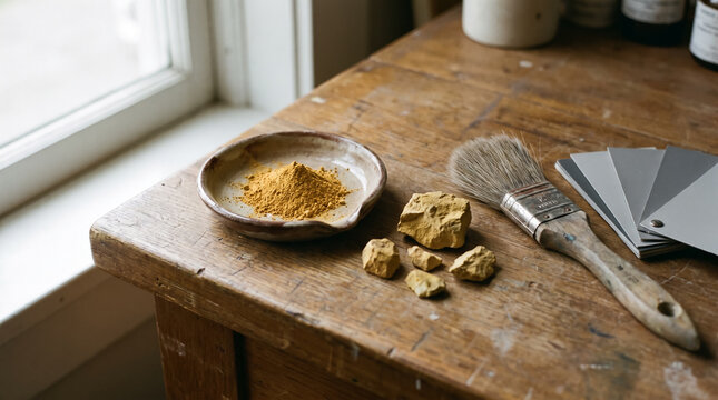 Yellow mineral pigment powder and raw stones with brush on rustic wooden table. Concept of xanthic, warm, paint making, ochre.