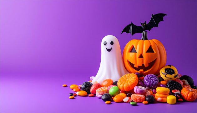 Halloween trick or treat candy pile with cute ghost, pumpkin and bats on purple background
