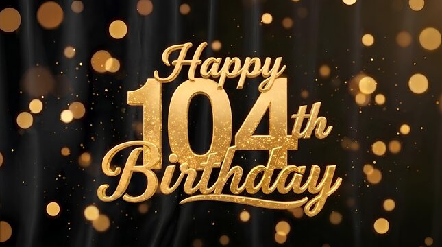 Elegant gold 104th birthday message over black silk with bokeh effects.