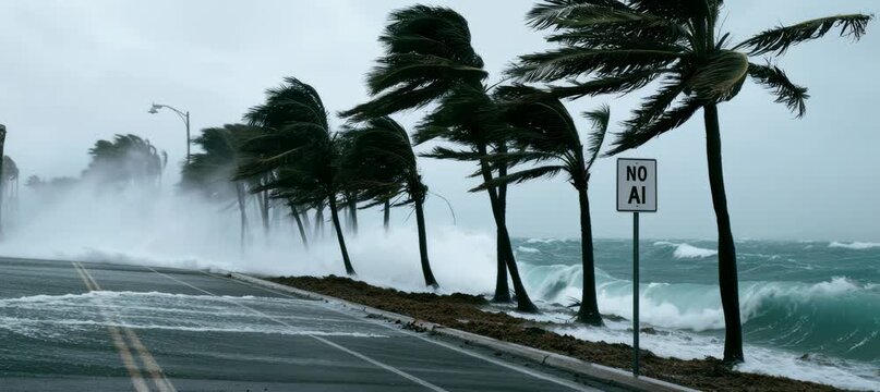 "NO AI" word sign with harsh ocean wave background. Machine automation ban restriction warning. Generative video AI technology.