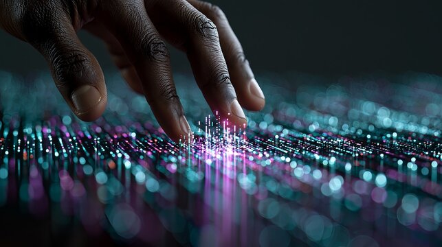 Human finger touches glowing digital interface emitting vibrant neon light particles on dark background creating futuristic data visualization concept art