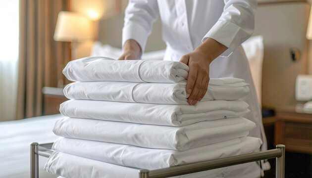 Hotel staff organizing clean white sheets on a service cart, housekeeping preparation