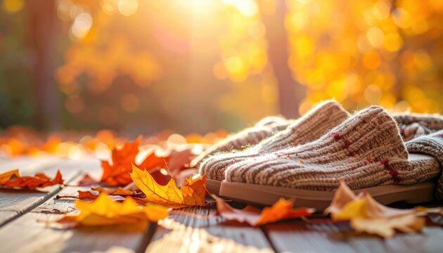 Cozy slippers and warm socks with autumn leaves and soft sunlight, seasonal comfort concept