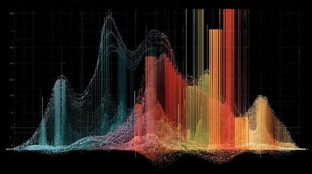 Colorful abstract data visualization featuring vertical glowing particles forming mountain ranges against a deep black background with grid line patterns