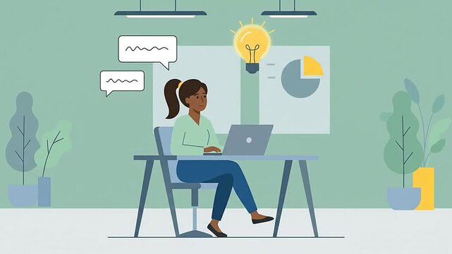 Woman working at laptop with growing light bulb idea animation concept